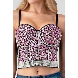 Pearl Diamond Crystal Stones Embellished Corset Cropped Bustier Top